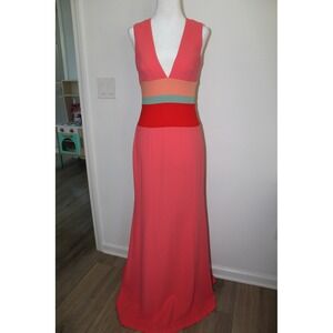 BCBG MAXAZRIA 2014 Lizette‎ Colorblock V-Neck Gown Coral Pink Red Size 0